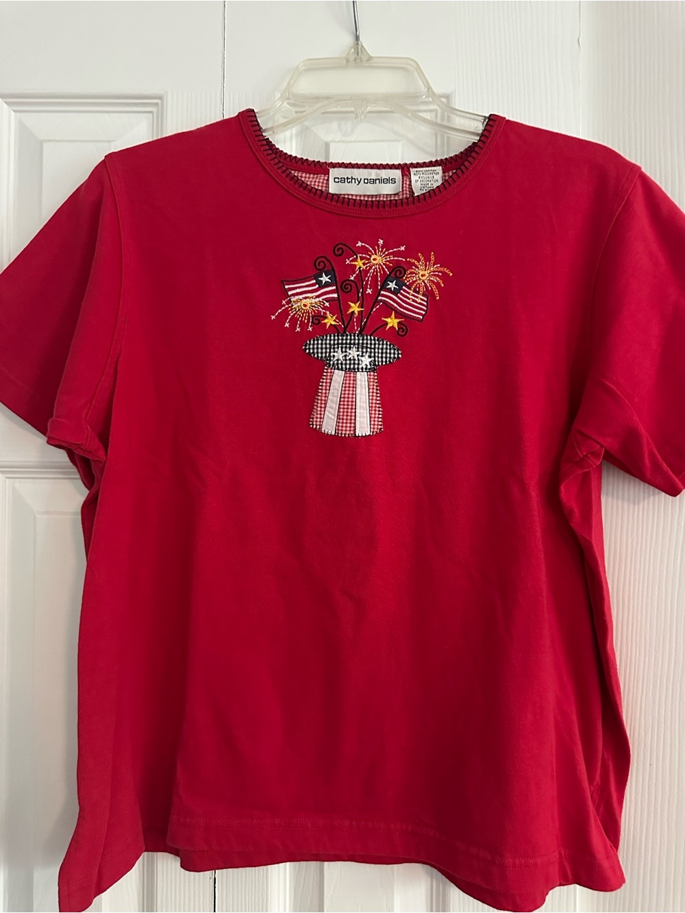 Cathy Daniels Bright Red Short Sleeve Tee with Patriotic Embroidery